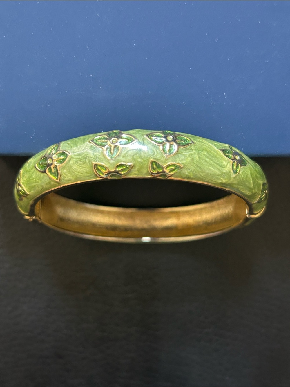 Vintage Green Enamel Gold-Tone Monogram Flower Hinged Bangle Bracelet